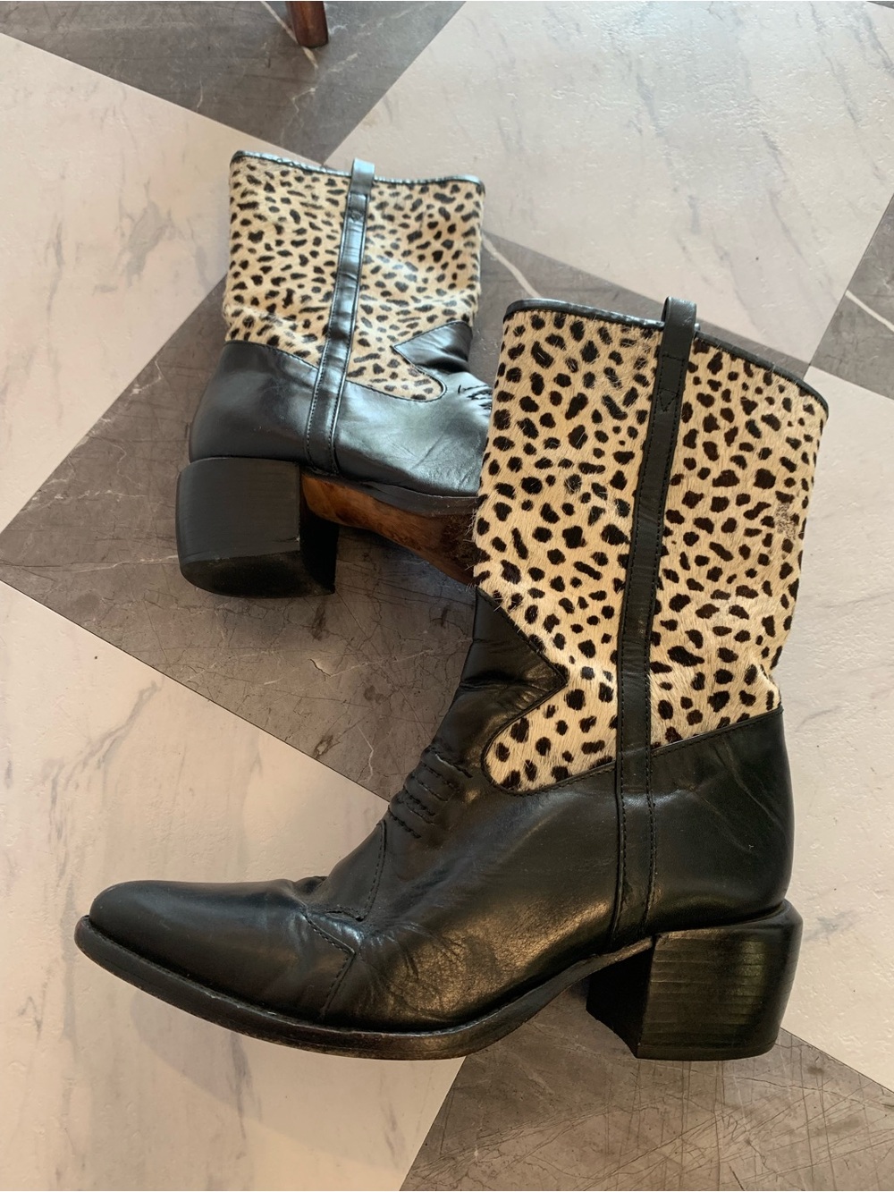 Brighton Black Leather & Leopard Print Mid-Calf Heeled Boots